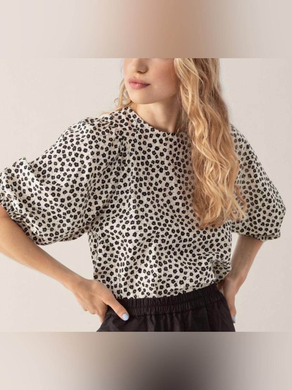 H&M Cotton Poplin Floral Puff Sleeve Crewneck Blouse Keyhole Back Size M